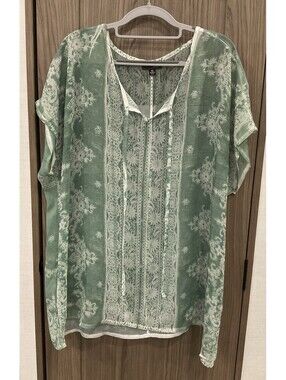 Cal Style Womens V Neck Sheer Green Short Sleeve Blouse Size XL
